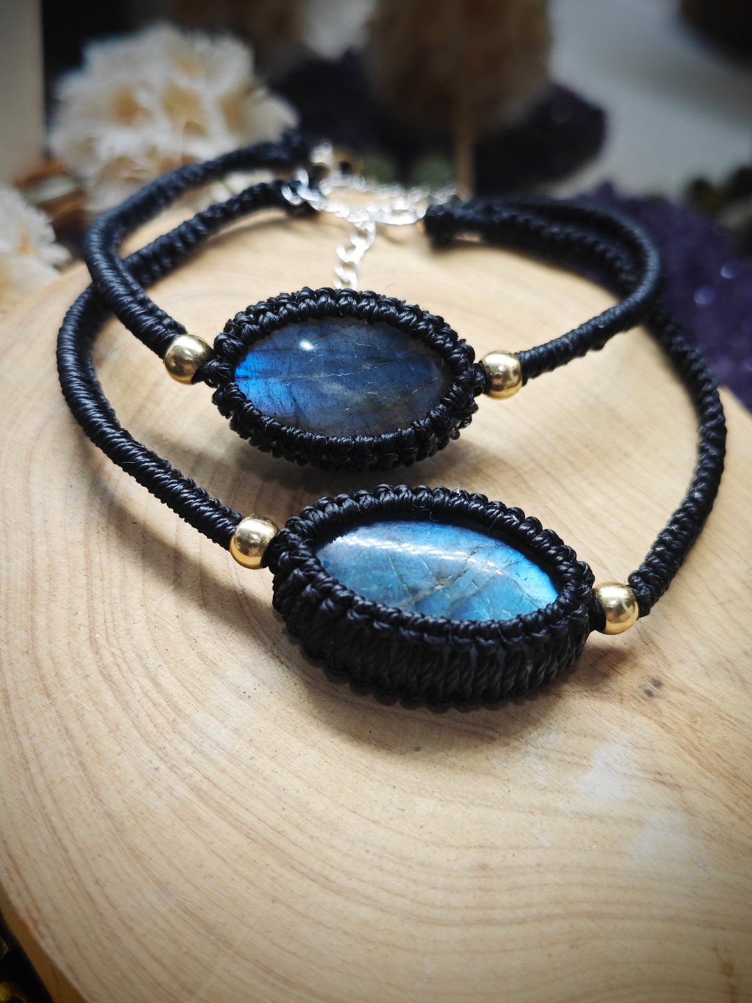 天然拉长石情侣手绳|手工编织macrame|铜珠复古款 - 项链 - 水晶 