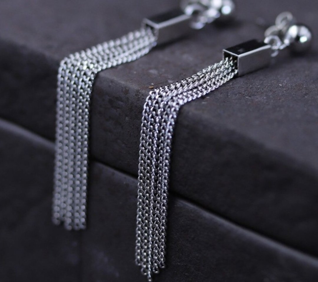 Real S 925 Sterling Silver Long Chains Tassel Women Ethnic Earrings Simple - 耳环/耳夹 - 纯银 银色
