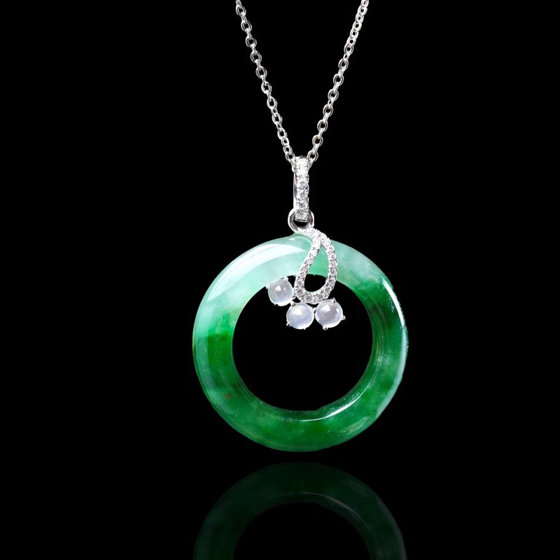 冰种飘花翡翠平安环项链 18K金钻石 | 天然缅甸玉翡翠A货 | 送礼 - 项链 - 玉石 绿色