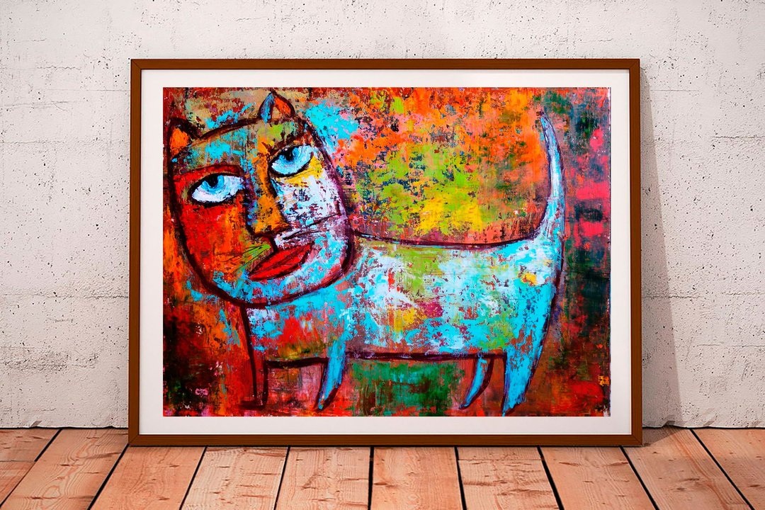 Abstract Cat Painting Oil Pet Original Art Animal Artwork Impasto Canvas Art - 海报/装饰画/版画 - 其他材质 多色