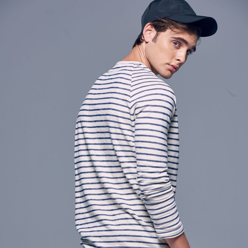 Stone As / Striped long-sleeved Tee / 蓝色连袖 - 男装上衣/T 恤 - 棉．麻 蓝色