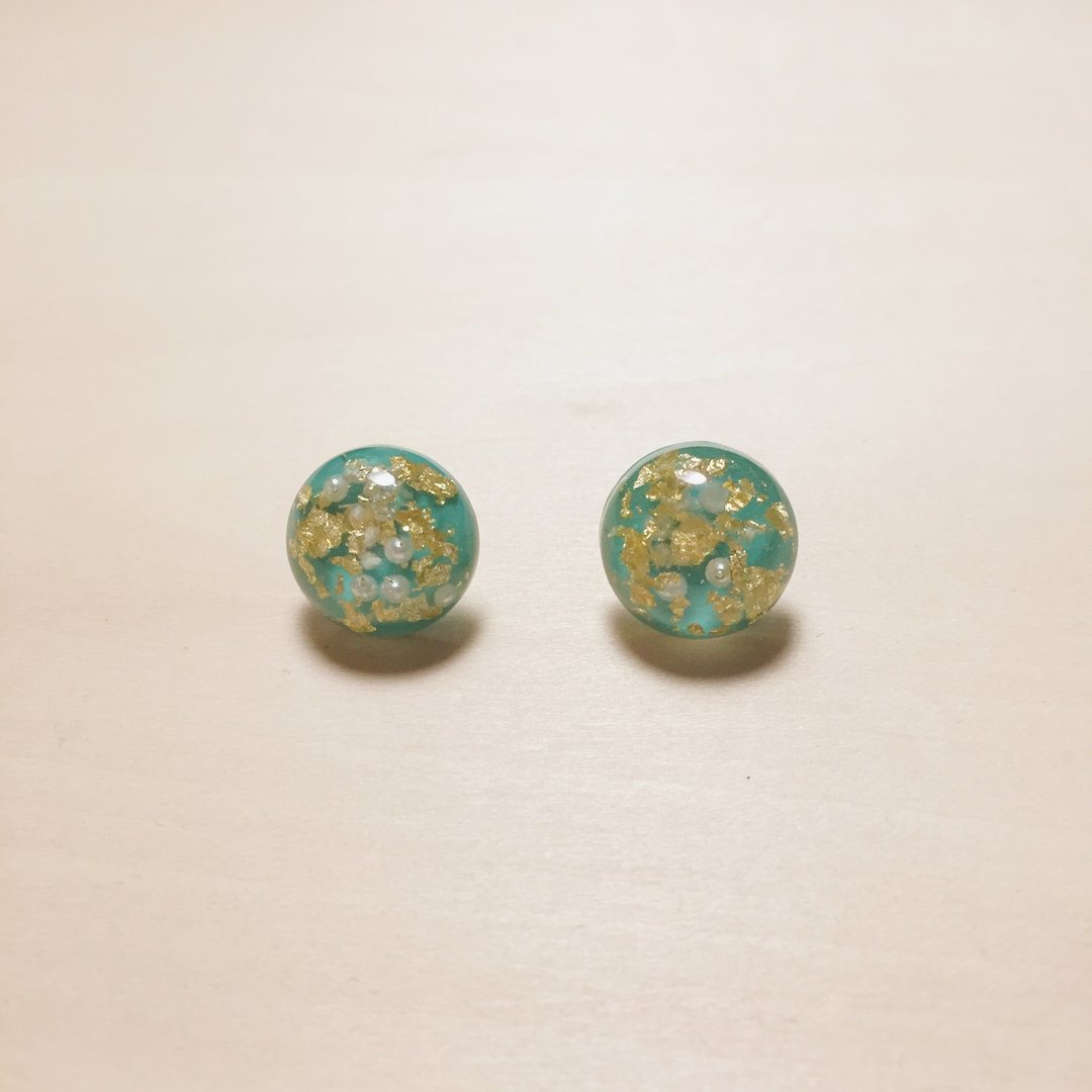 复古蓝绿金箔珍珠丸子耳环 - 耳环/耳夹 - 树脂 绿色
