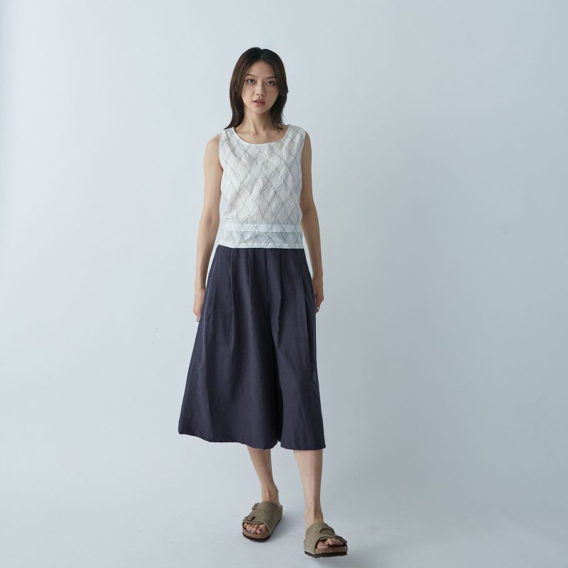 短版打褶宽裤 - 海军蓝 - 女装长裤 - 棉．麻 蓝色