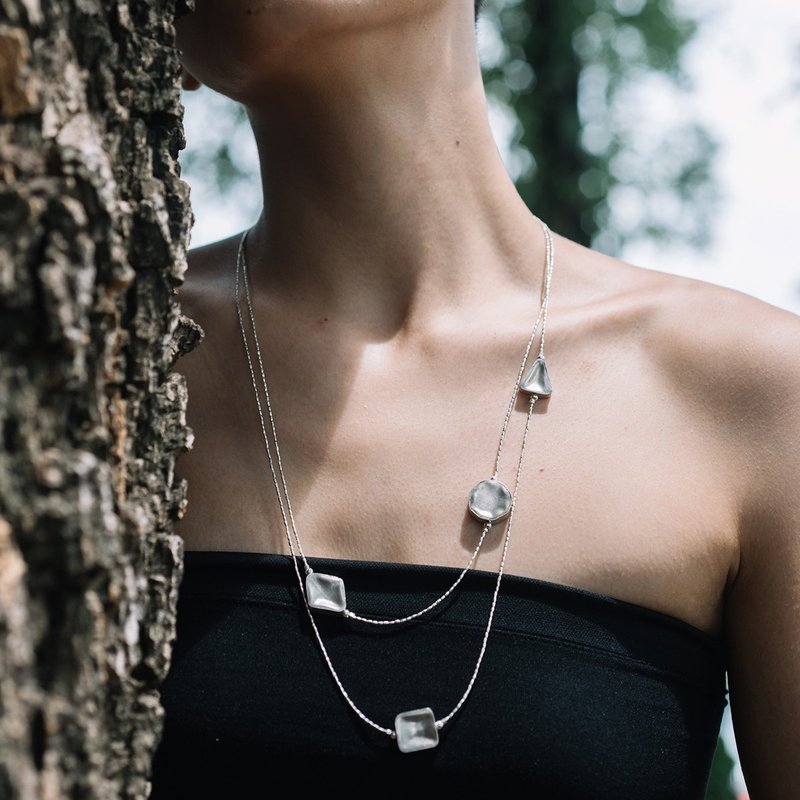 2 tiered handmade silver necklace with hollow silver geometric beads (N0003) - 项链 - 银 