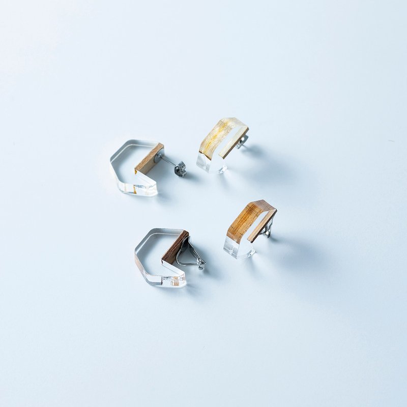 透明六角木纹耳钉 - 耳环/耳夹 - 木头 咖啡色