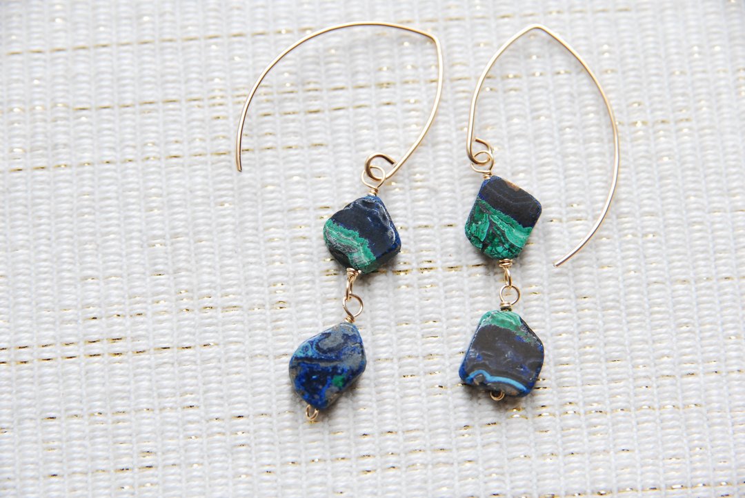 Slice Azurite Marquis Hook Earrings 14kgf - 耳环/耳夹 - 半宝石 蓝色