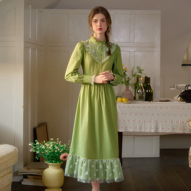 Dove 立领刺绣蕾丝100%棉连衣裙 - 洋装/连衣裙 - 棉．麻 绿色