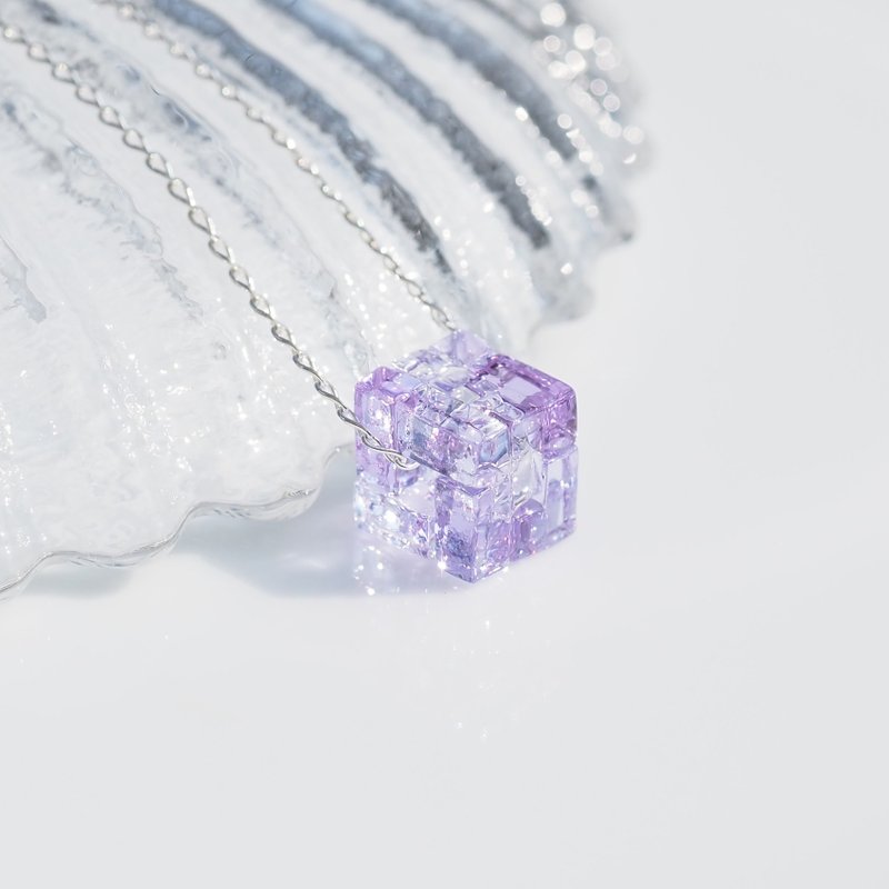 立方体玻璃 (迷你方块【丽】) 链式项链 【可选棉绳、纯银925】 - 项链 - 玻璃 紫色