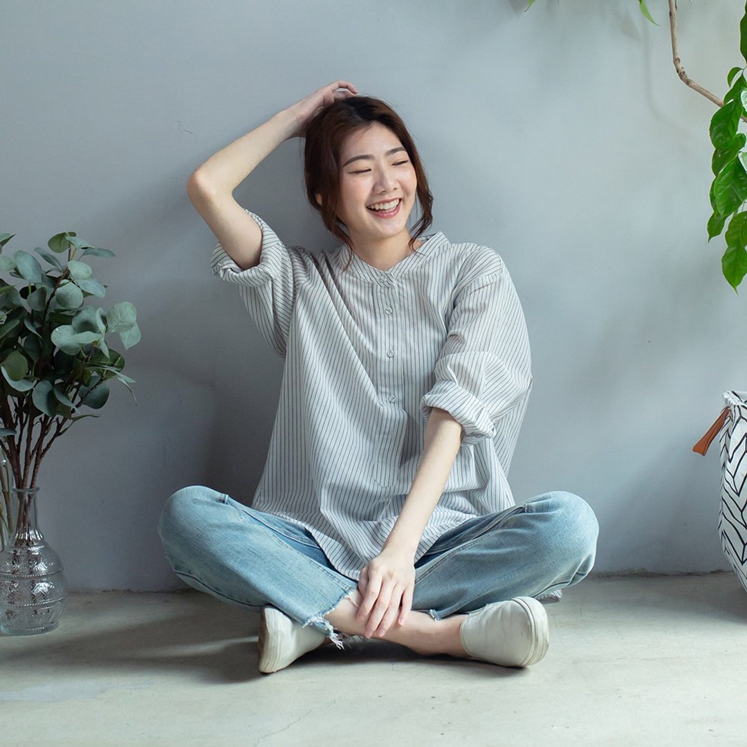 空气感条纹圆领亚麻上衣 蓝 白 粉 M L - 女装上衣 - 棉 透明