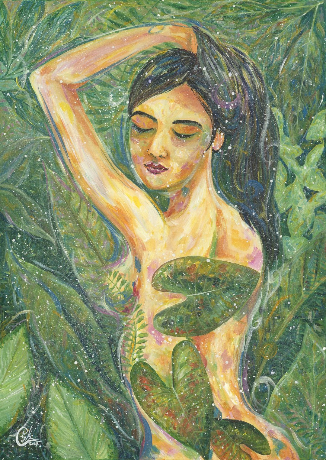 女性植物绘画 沁心引光1  Woman Painting - Light Into me 1 - 订制画像 - 棉 