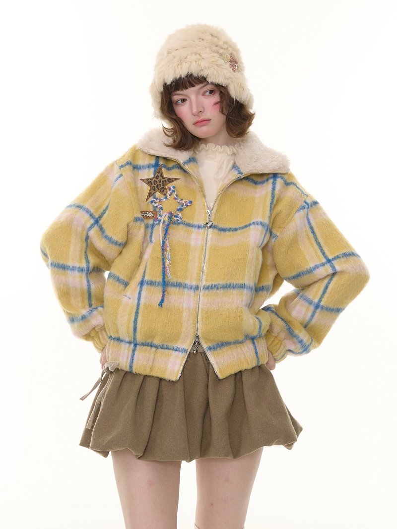 ziziFei秋冬美式复古设计感黄色格纹毛领加厚星星图案毛呢外套女 - 女装上衣 - 其他材质 黄色