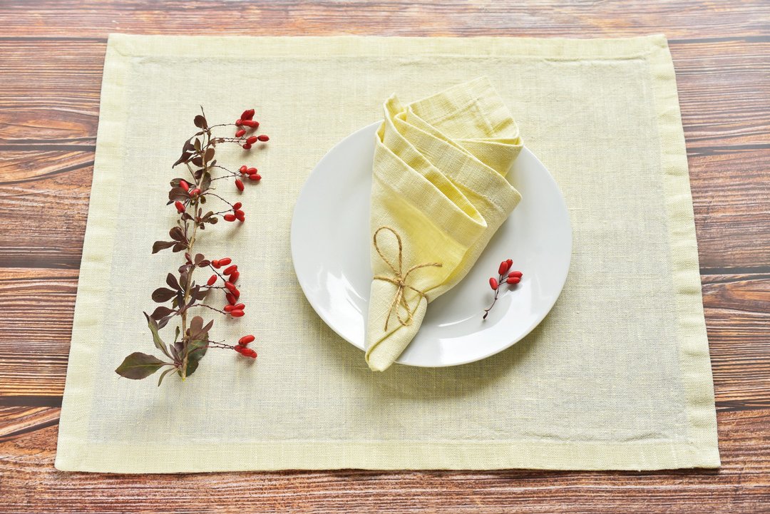 Washable placemats and napkins, Cloth placemats for table, Reusable napkins - 餐垫/桌巾 - 亚麻 黄色