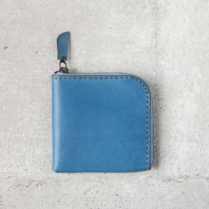 淡灰蓝植鞣真牛皮手工零钱包/皮夹 - 皮夹/钱包 - 真皮 蓝色