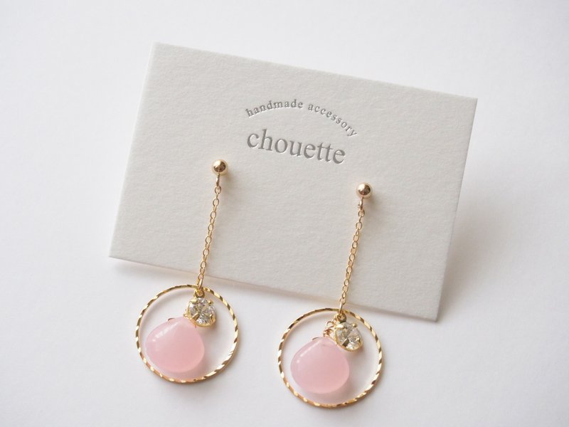 【14kgf】 Quartzite zirconia earrings pink - 耳环/耳夹 - 石头 粉红色
