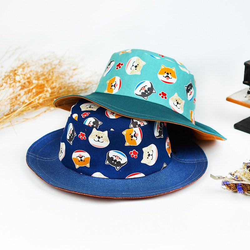 手工双面帽 男女 渔夫帽  定制化 亲子帽 情侣 可爱 狗 柴犬 春夏【萌头柴柴】深蓝/湖水绿【BF-01】 - 帽子 - 棉．麻 蓝色