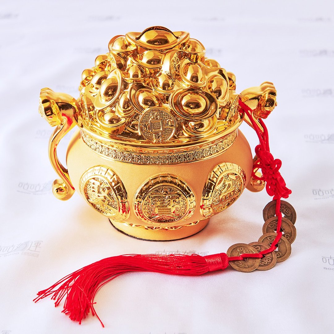 财源满贯聚宝盆(含开光)招财、开运、金元宝、存钱筒、五帝钱 - 储蓄罐 - 塑料 黄色