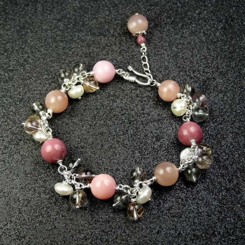 手链 粉红 蛋白石 玫瑰石 橘月光石 珍珠 钛晶 925银饰 宝石 饰品 - 手链/手环 - 宝石 