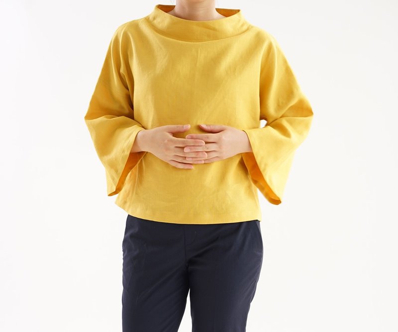 Belgian linen bottle neck bell sleeve tops / chrome yellow t23-8 - 女装上衣 - 棉．麻 黄色