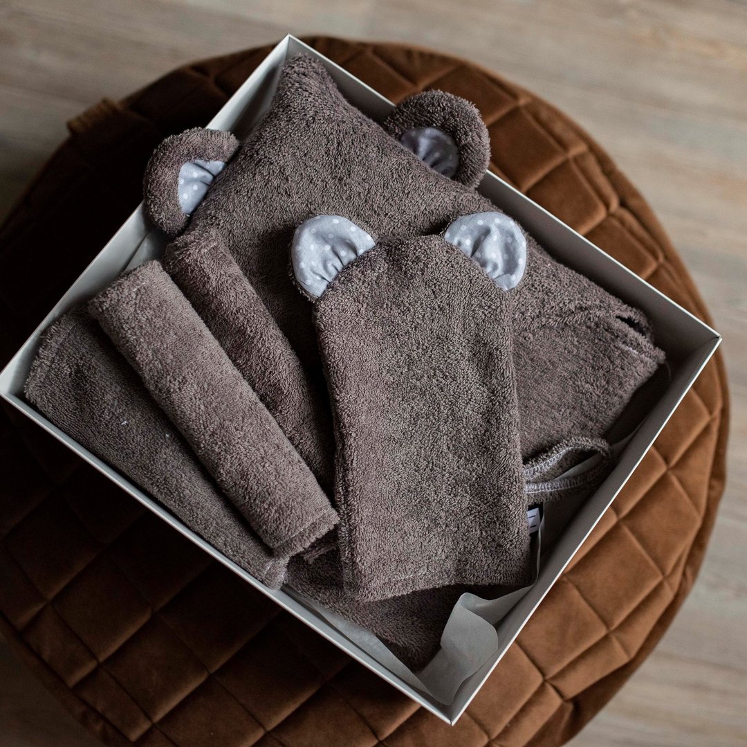 SET: Hooded Towel, Mitten and mini towels dark grey set for a Baby or Toddler - 毛巾浴巾 - 棉 灰色