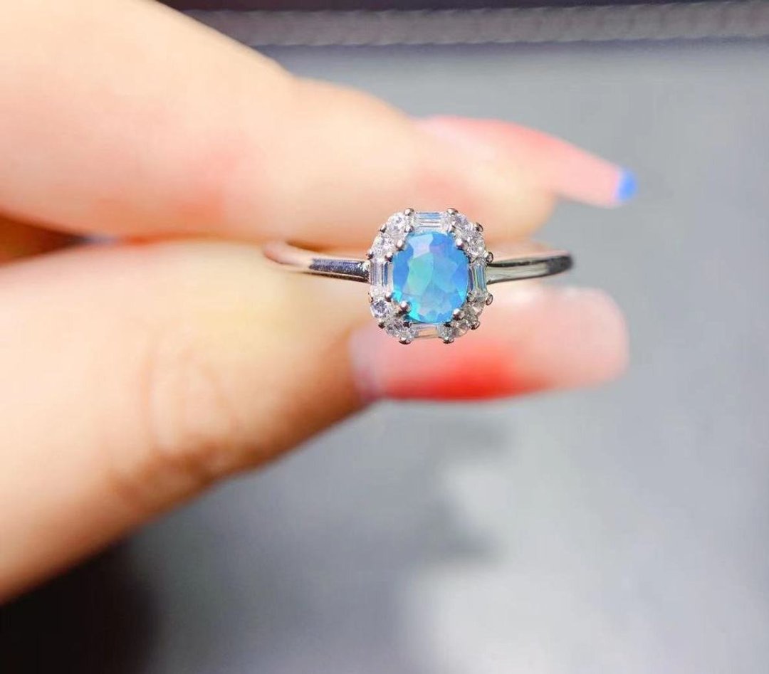 Blue Opal Ring, Blue Opal Silver Ring, Natural Opal Gemstone, Opal Jewelry - 戒指 - 其他金属 银色
