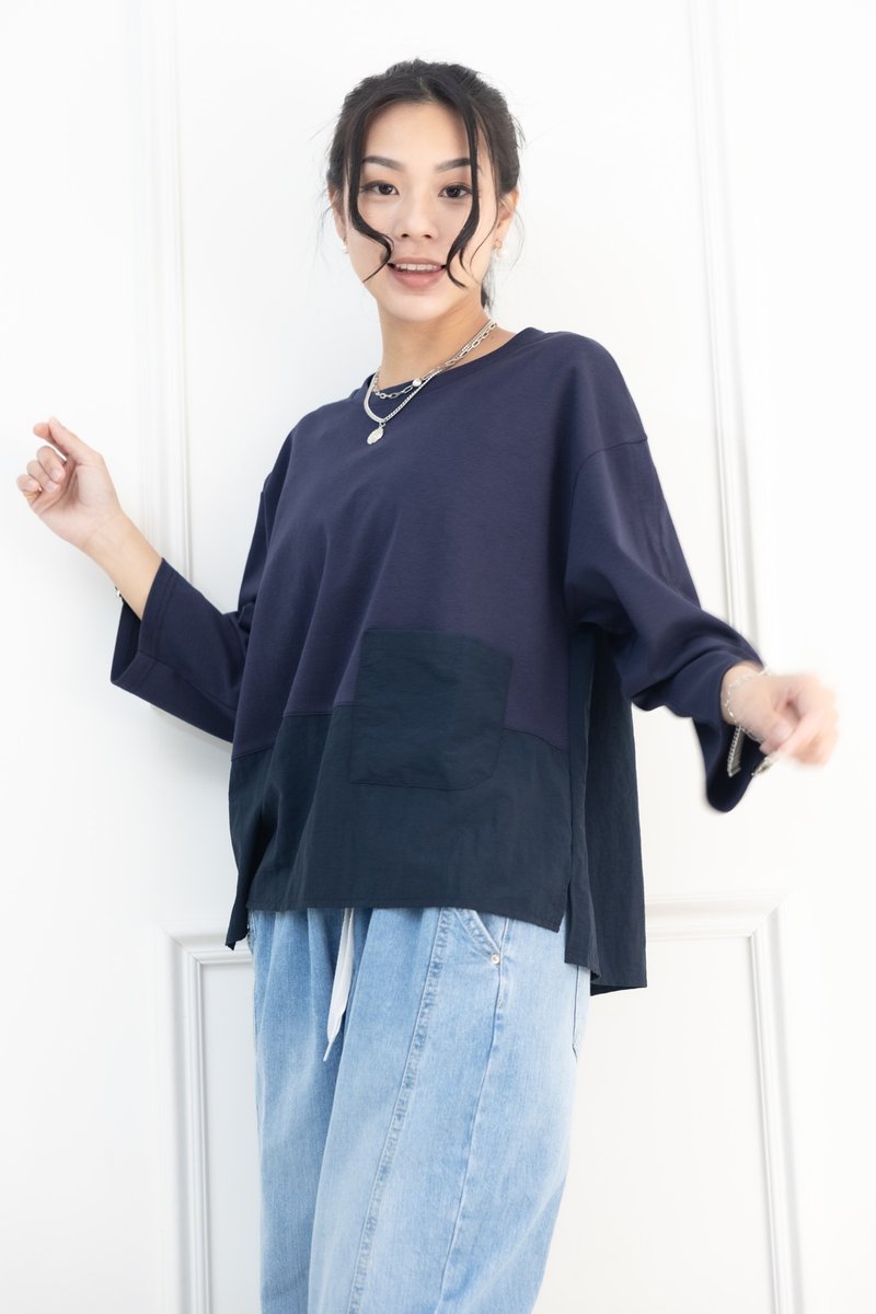下摆异材质袖口抽绳上衣 深蓝色 - 女装上衣 - 其他材质 蓝色