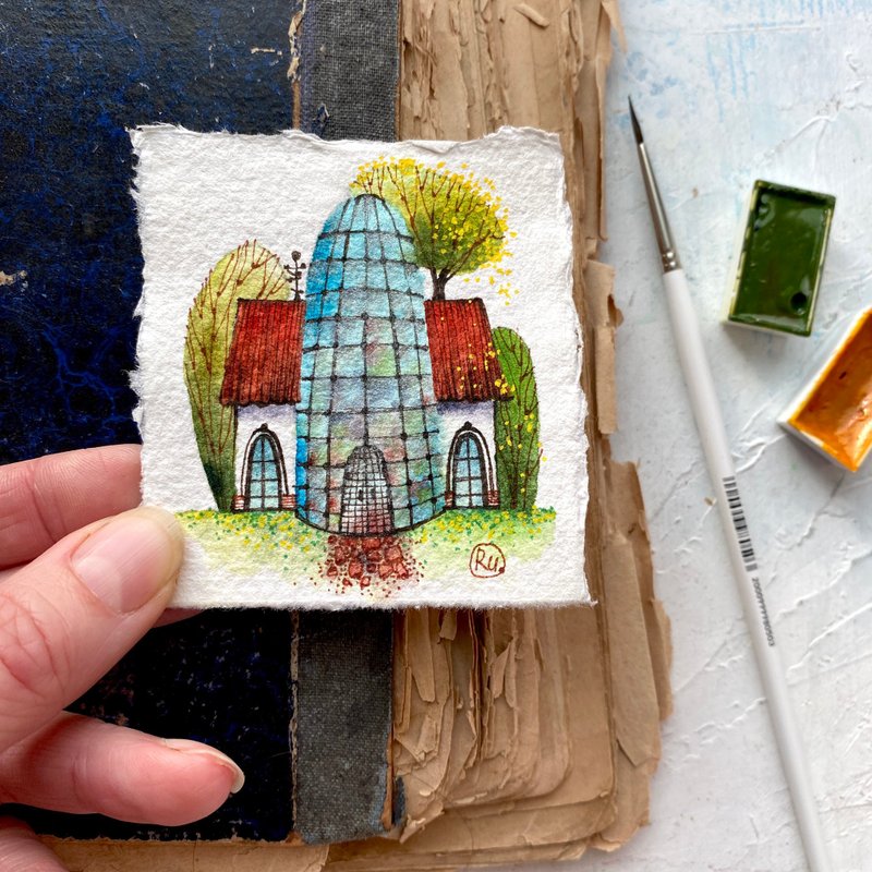 Greenhouse painting Tiny Original artwork Mini art Small gift by Rubinova - 海报/装饰画/版画 - 纸 多色