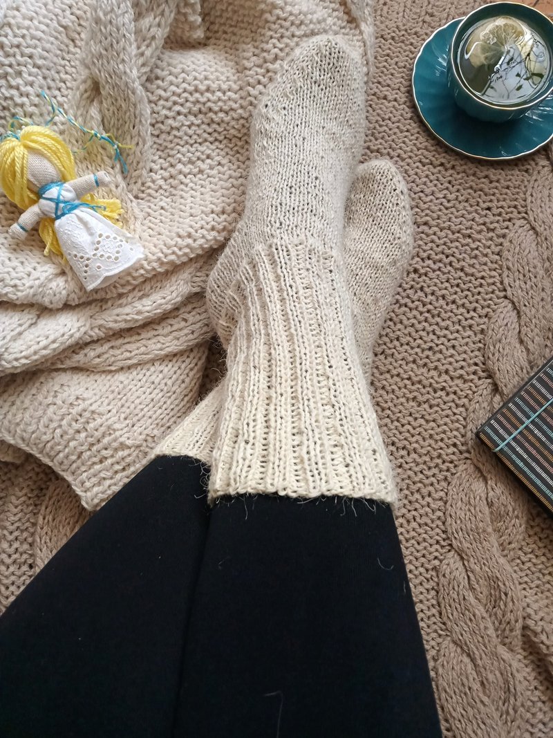 手工编织羊毛居家袜 天然羊毛 奶白色 保暖睡眠袜 - 袜子 - 羊毛 白色