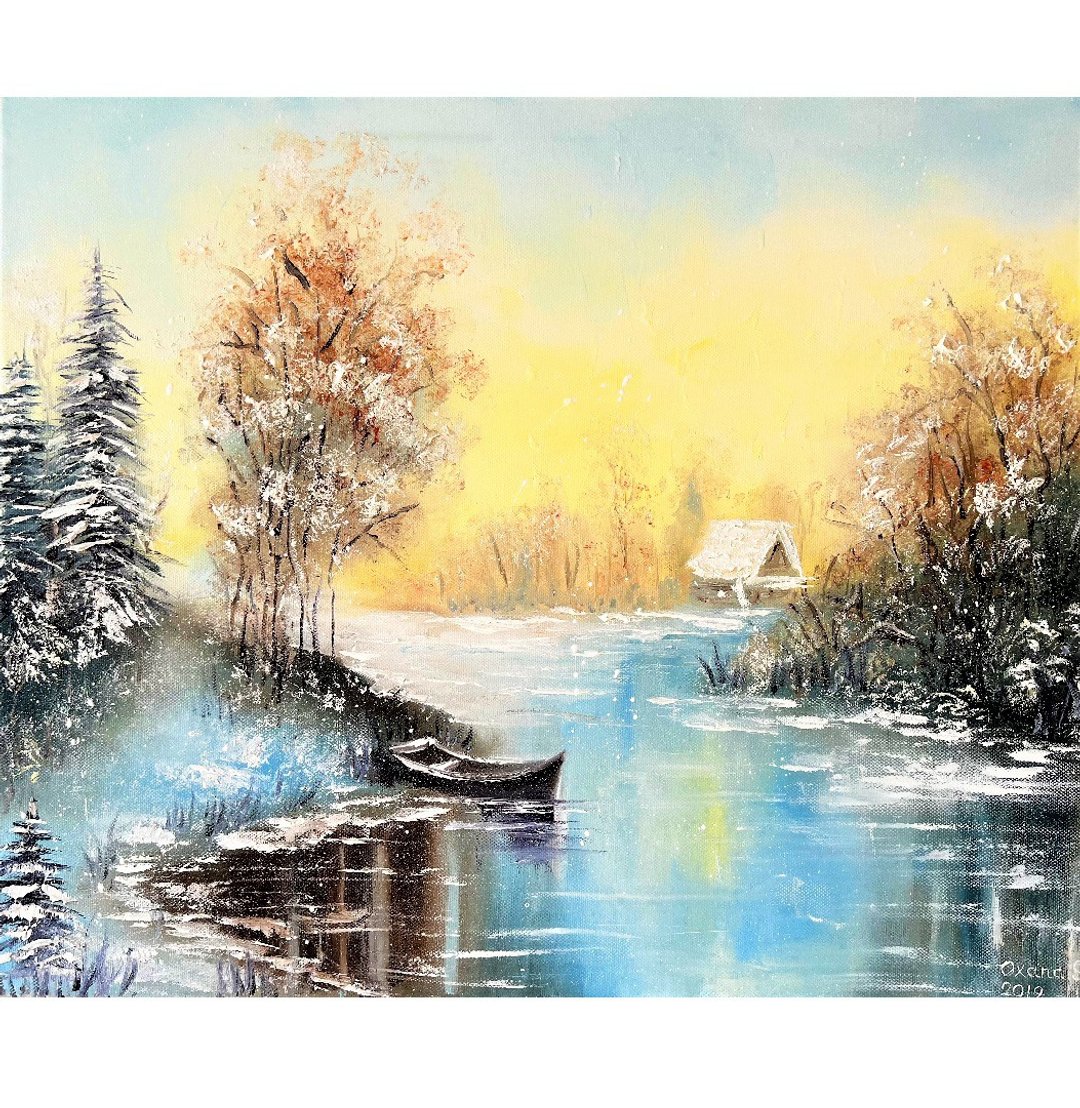 雪景画冬季原创艺术品 46x55 厘米/ 18x22 英寸 - 海报/装饰画/版画 - 棉 多色