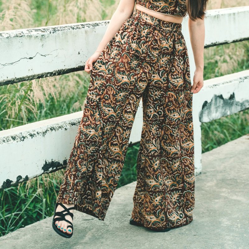 【手作设计·台湾制】印度盖染布/绯红森林高腰落地宽裤 (仅下裤) - 女装长裤 - 棉．麻 红色