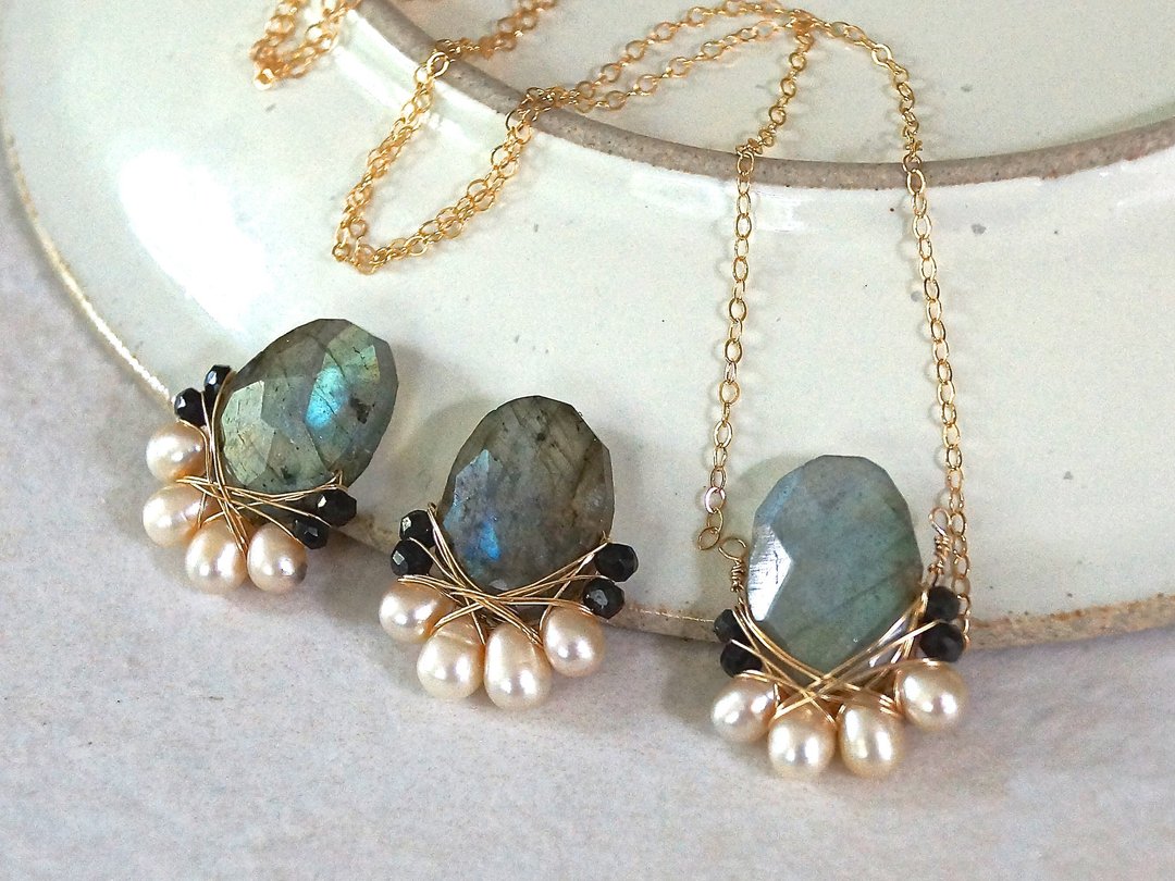 SET: 14kgf large labradorite and freshwater pearl - 耳环/耳夹 - 宝石 灰色