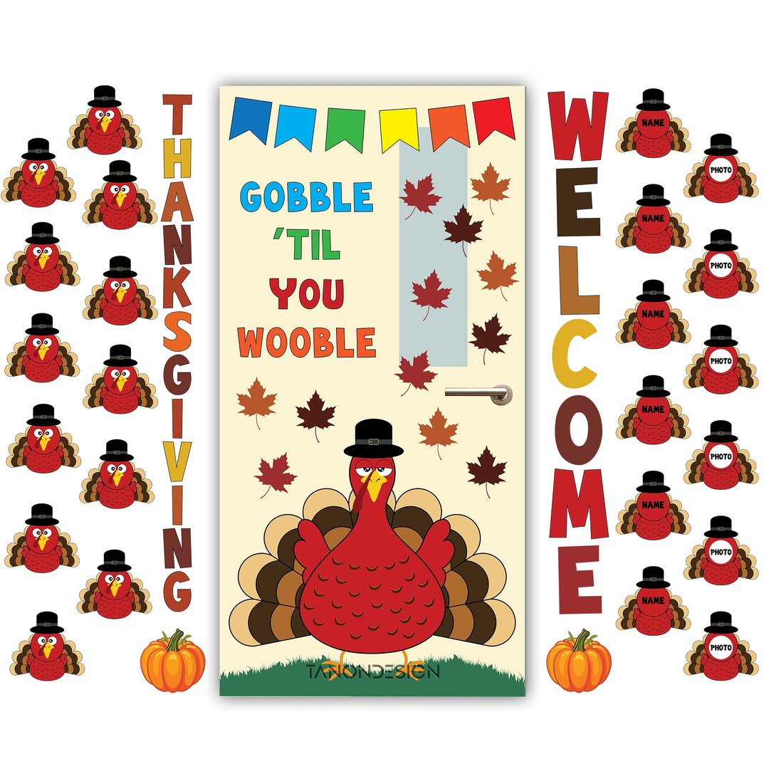 Thanksgiving Classroom Door Decor, Decor Kit, Turkey Bulletin Board - 图文模板设计 - 其他材质 