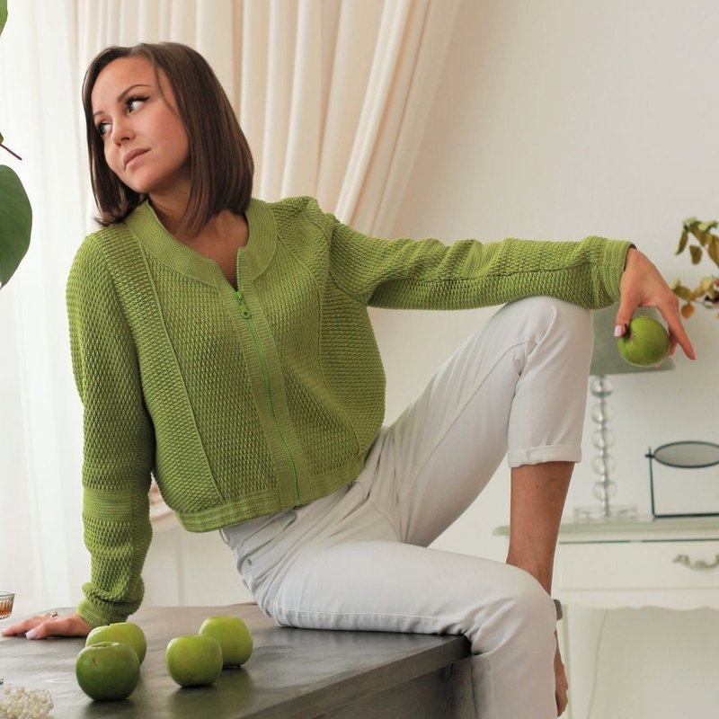 Crochet woman bomper jacket pattern pdf (electronic file, digital download) - 编织/刺绣/羊毛毡/裁缝 - 棉．麻 绿色