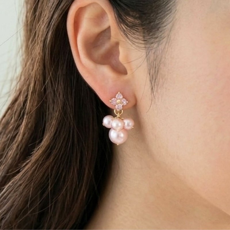 2way 粉色泡泡珍珠耳环 日本制造 - 耳环/耳夹 - 珍珠 粉红色