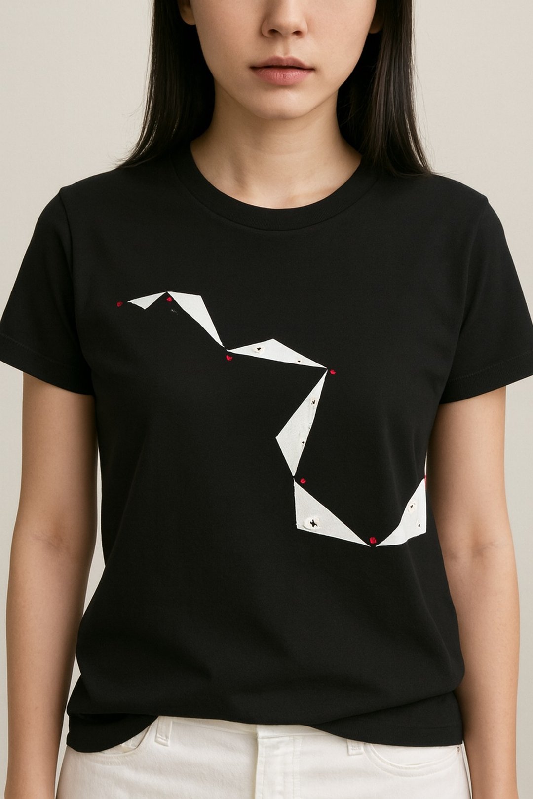 流墨 a092/手工绢印/女黑棉 T/限量 - 女装 T 恤 - 棉 