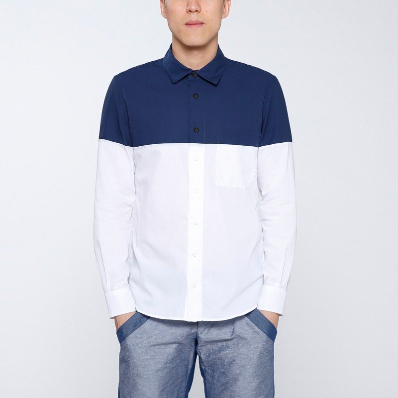 【出清折扣】凉爽强拈拼接长袖衬衫-蓝白 - 男装衬衫 - 棉．麻 蓝色