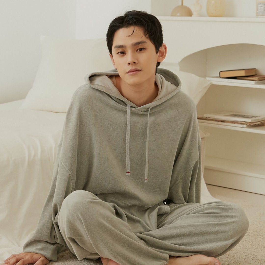 毛巾布落肩长袖帽T居家套装-高雅灰/居家服 - 居家服/睡衣 - 棉 灰色