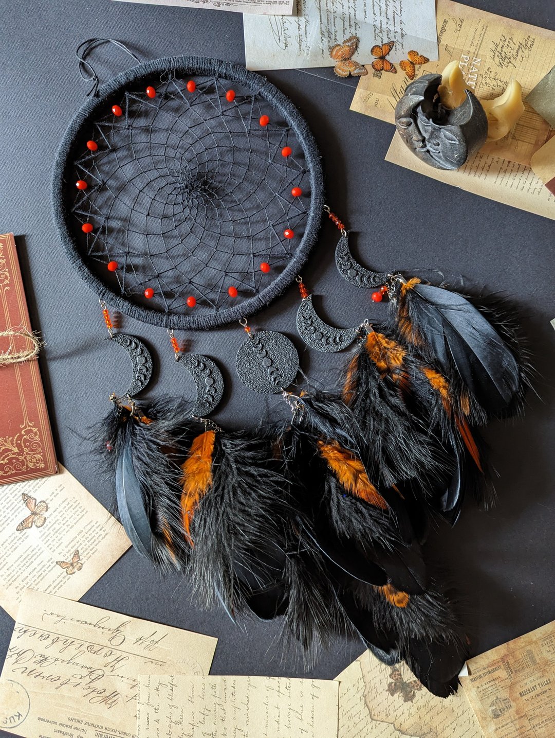 Moon Phases Black and Orange Dreamcatcher | Dream catcher wall decor - 墙贴/壁贴 - 木头 黑色