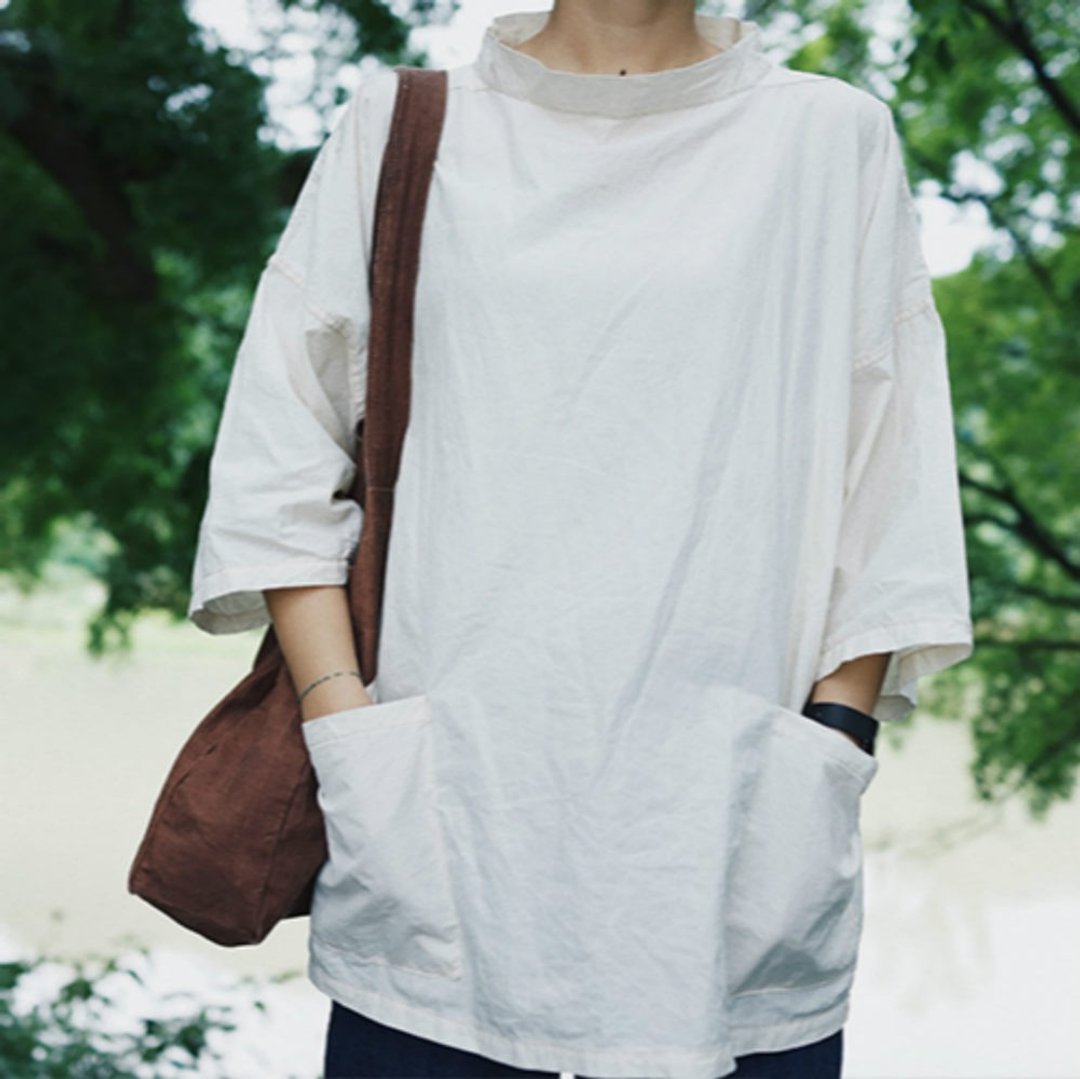 豆腐白色 Fisherman Smock 漁夫罩衣 七分袖夏日挺括 短袖寬鬆T恤 - 女装上衣 - 棉 白色