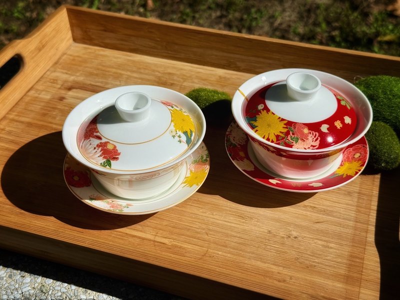 囍福满堂盖碗三件套 一对 - 茶具/茶杯 - 瓷 白色