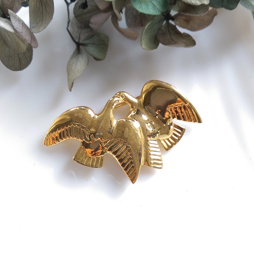 【西洋古董饰品】Nina Ricci  双鸟  鸽子 爱情鸟 金属镀金 别针 - 徽章/别针 - 其他金属 金色