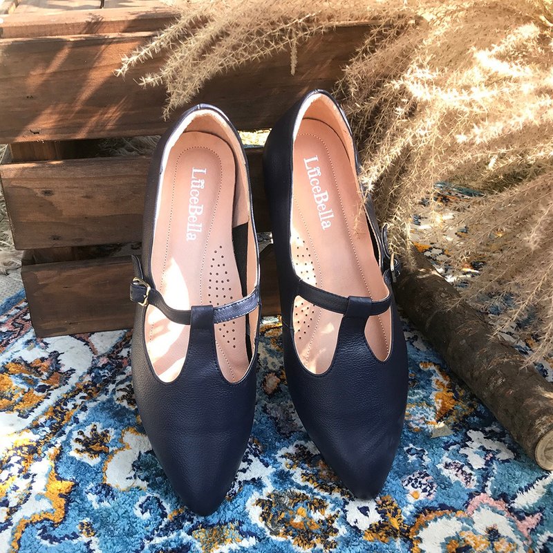 宽楦设计【梦游仙境】玛莉珍鞋-宝蓝 - 芭蕾鞋/娃娃鞋 - 真皮 蓝色