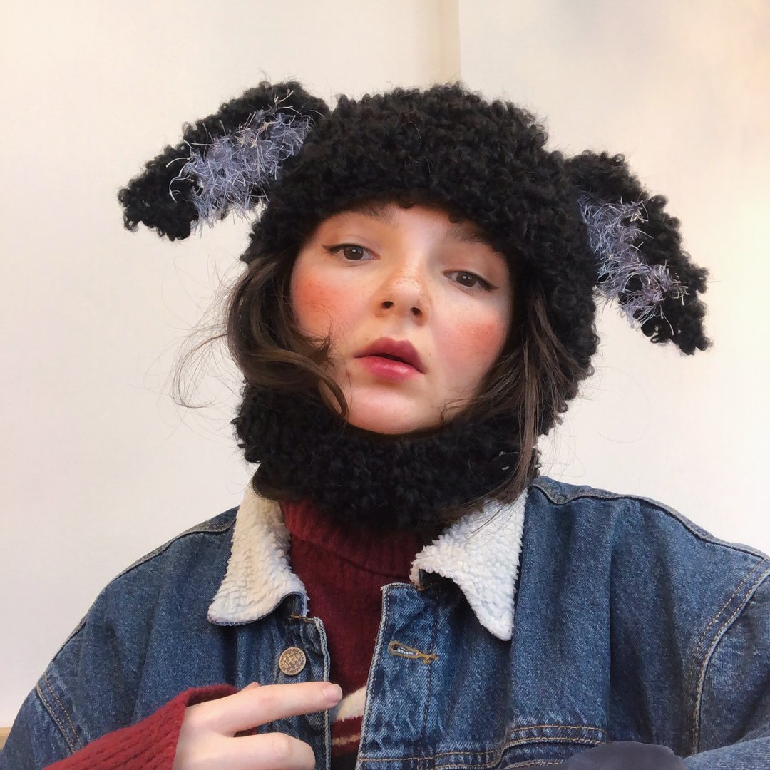 balaclava bunny with ears, knit mohair beanie, crochet balaclava - 帽子 - 羊毛 黑色