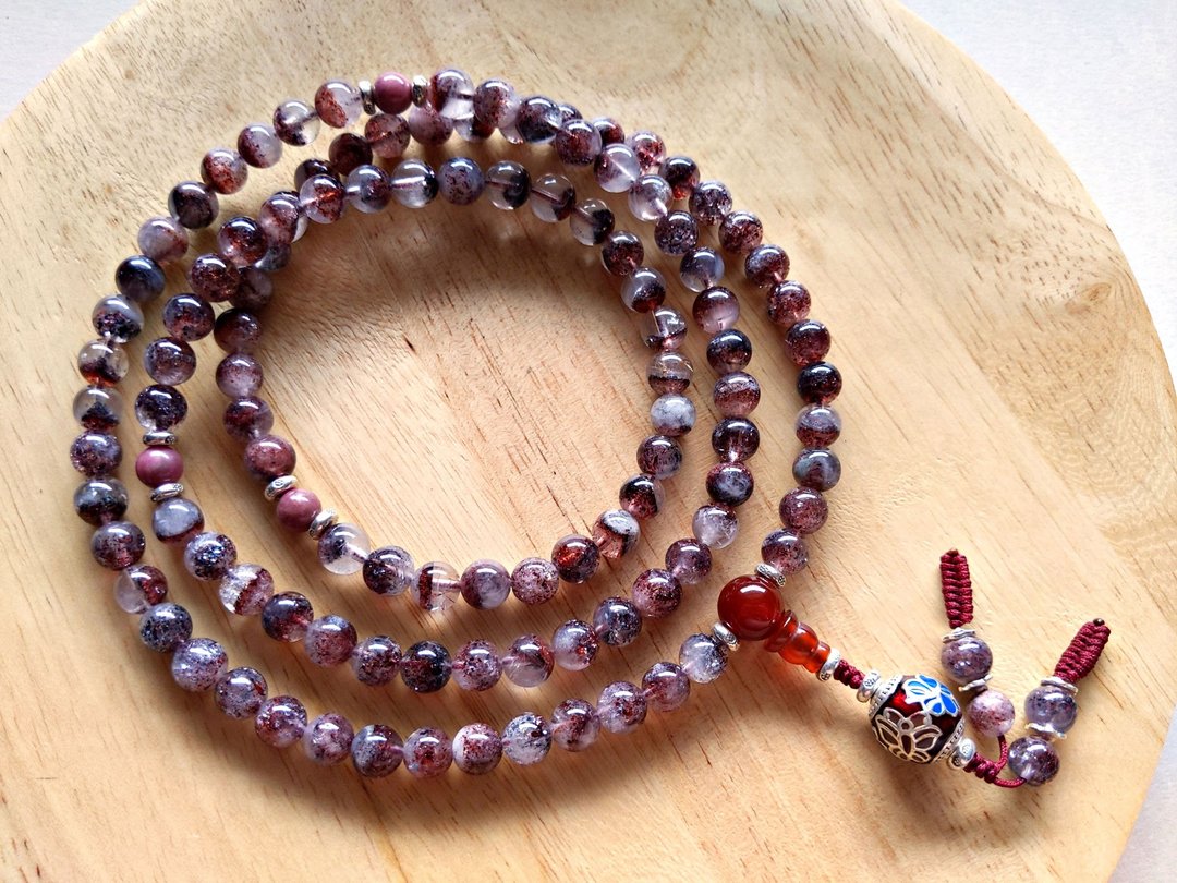 ORLI Jewelry 天然超七草莓晶108颗念珠 草莓晶佛珠 纯银珐琅桶珠 - 手链/手环 - 宝石 红色