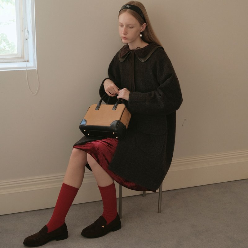 MintCheese  王牌大小姐 黑巧花棕 A字摆可拆卸皮领羊毛大衣 - 女装休闲/机能外套 - 羊毛 咖啡色