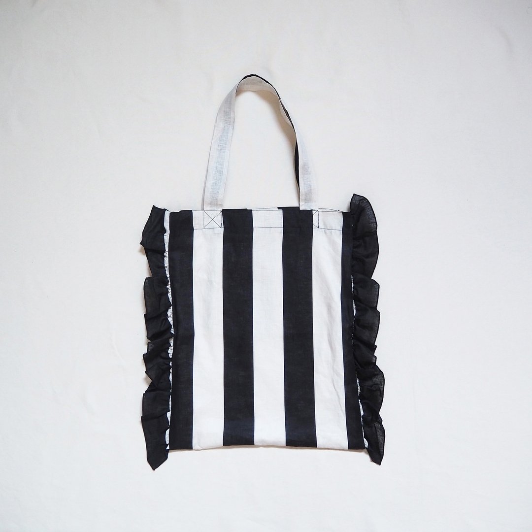 pre-order French linen big stripe frill tote bag BLACK series - 手提包/手提袋 - 棉．麻 黑色