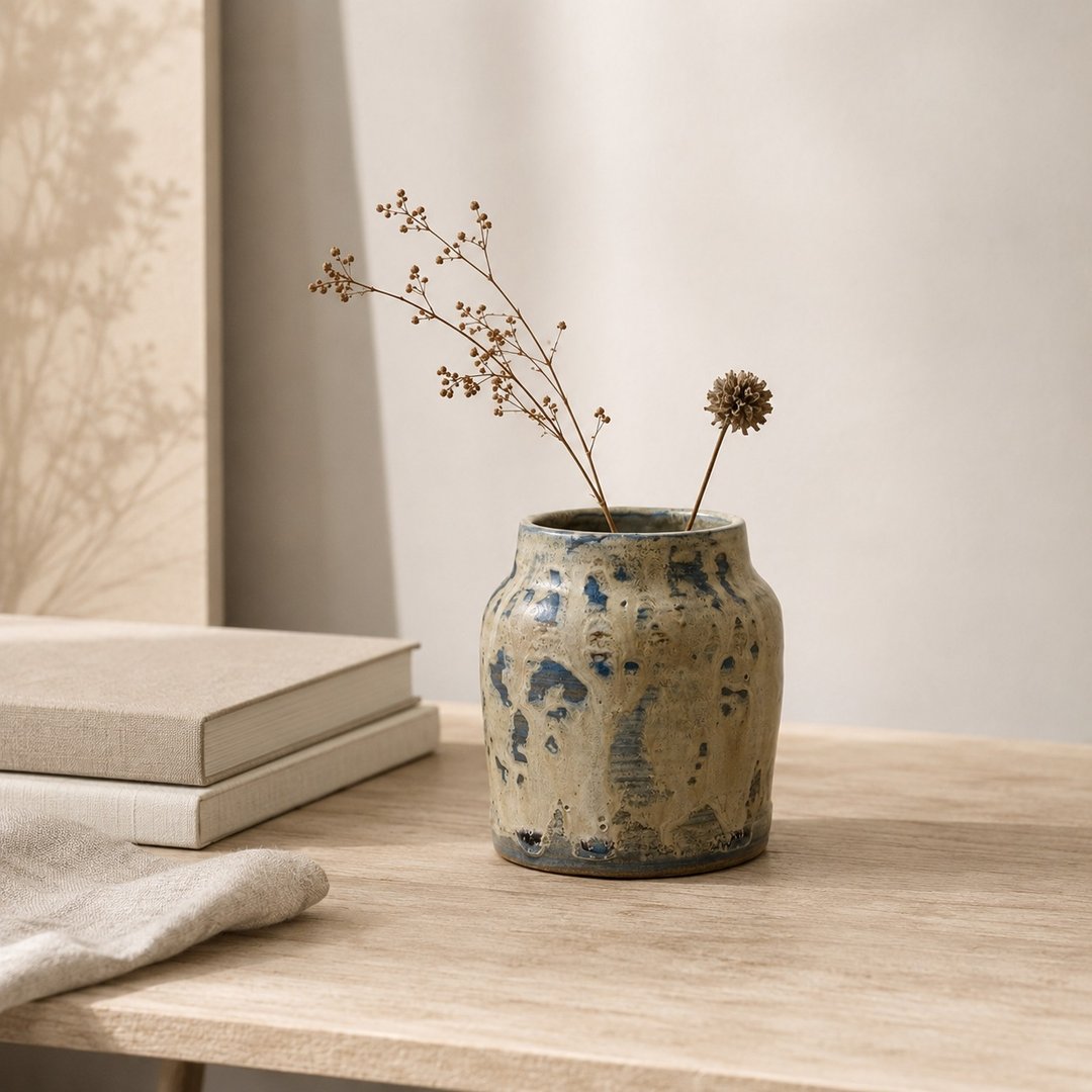 Rain Potter・苔影圆瓶・台湾手作陶花器・侘寂石纹釉・唯一作品 - 花瓶/陶器 - 陶 银色