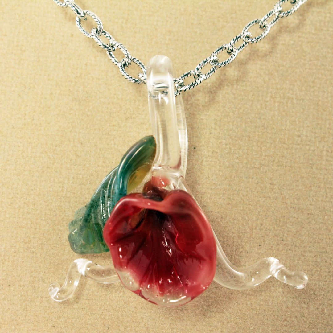 红兰花｜琉璃珠工艺穆拉诺玻璃｜花卉波希米亚风格吊坠项链饰品 - 项链 - 玻璃 红色