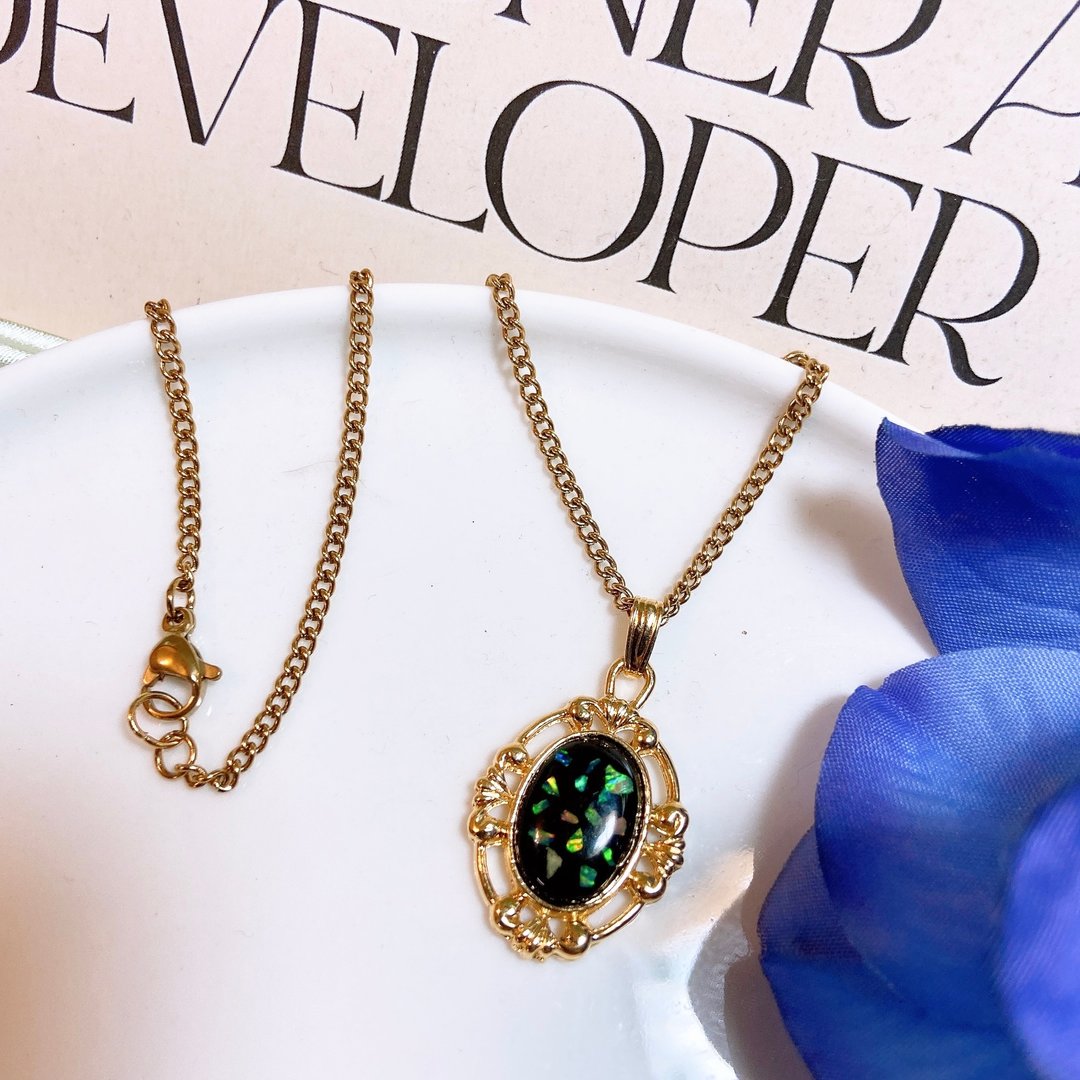 【西洋古董饰品】 天然欧泊石 Opal 巴洛克纹理 蛋白石彩火 项链 - 项链 - 贵金属 多色