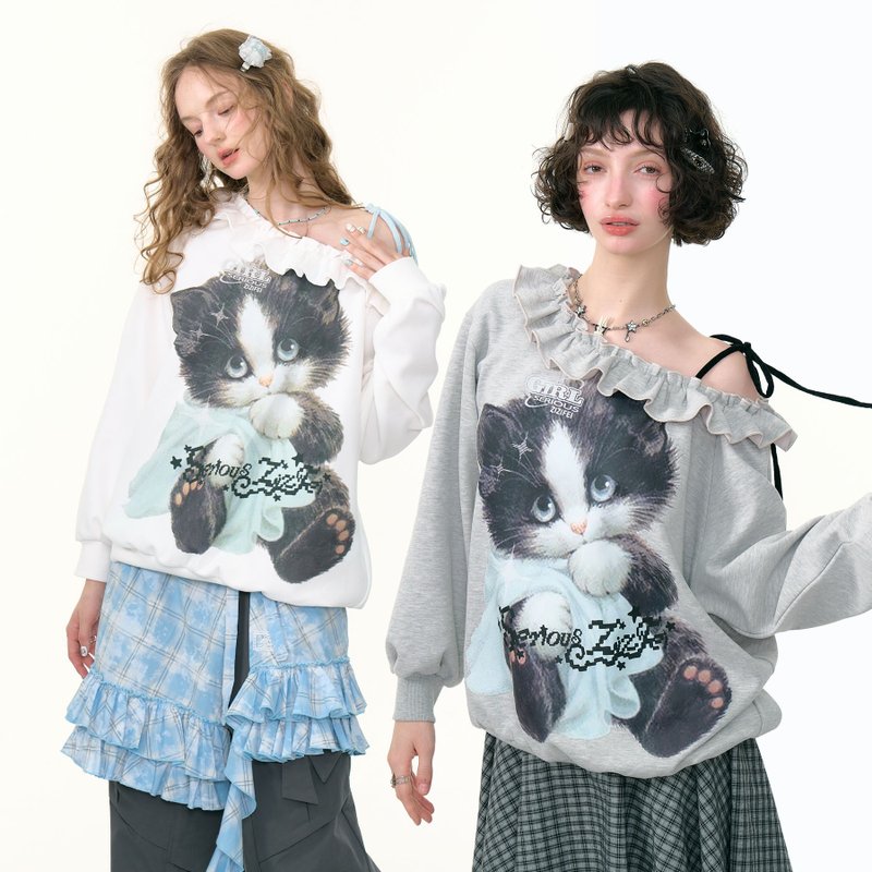 ziziFei秋冬季美式复古设计感斜肩宽松慵懒风猫咪印花露肩卫衣女 - 女装上衣 - 其他材质 