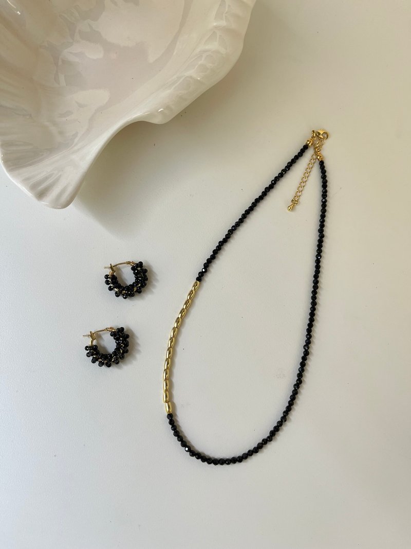 法式复古 天然黑尖晶项链 锁骨链 多用款长项链 - 项链 - 水晶 黑色